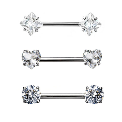14G ASTM F136 Titanium Prong Setting Heart Round Square Shape Nipple Ring Barbell