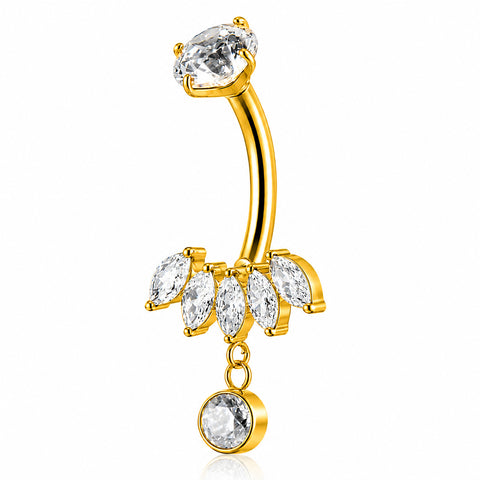 14G ASTM F136 Titanium 5 Marquise With Pendant Dangling Round CZ Belly Button Ring 0076