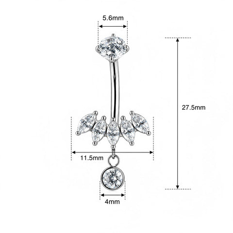 14G ASTM F136 Titanium 5 Marquise With Pendant Dangling Round CZ Belly Button Ring 0076