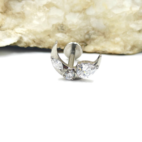 16G ASTM F136 Titanium Moon Shape Labret Stud with Waterdrop Marquise CZ