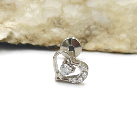 16G ASTM F136 Titanium Hollow Heart with CZ Labret Stud