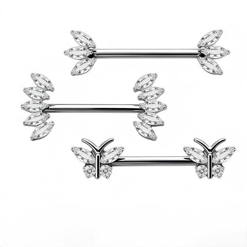 14G ASTM F136 Titanium Marquise CZ Butterfly Internal Thread Nipple Piercing Ring Barbell