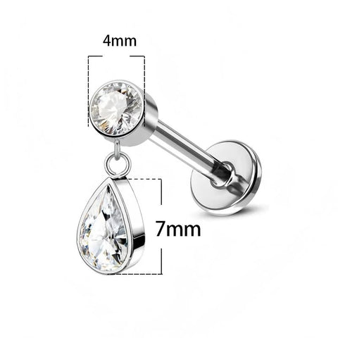 16G ASTM F136 Titanium Pendant Dangling Waterdrop CZ Labret Stud Internal Thread