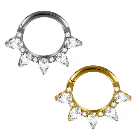 16G ASTM F136 Titanium 5 Waterdrop CZ Hinged Segment Ring Septum Clicker Hinged Ring