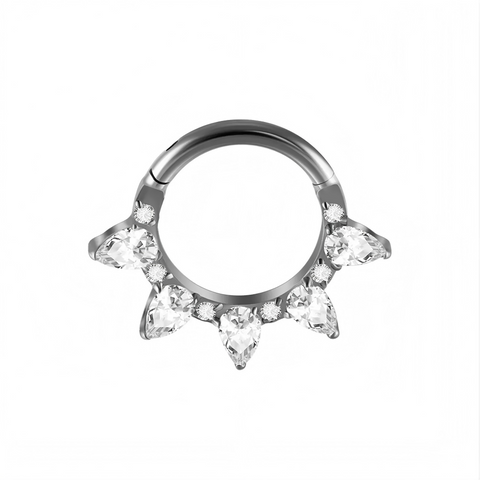 16G ASTM F136 Titanium 5 Waterdrop CZ Hinged Segment Ring Septum Clicker Hinged Ring
