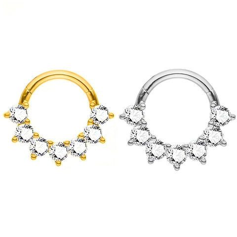 16G ASTM F136 Titanium 7 CZ Hinged Segment Ring Septum Clicker Daith Ring