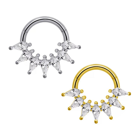 16G ASTM F136 Titanium 7 Rhombus CZ Hinged Segment Ring Septum Clicker