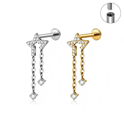 16G ASTM F136 Titanium Dangling Chain Pendant Incomplete Star Labret Stud Internal Thread