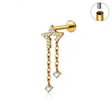16G ASTM F136 Titanium Dangling Chain Pendant Incomplete Star Labret Stud Internal Thread