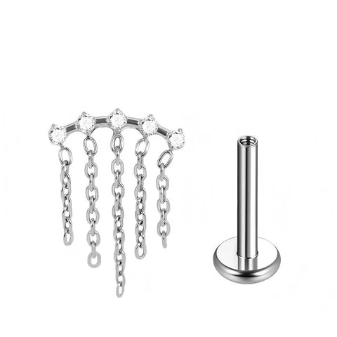 16G ASTM F136 Titanium 5 CZ Pendant Dangling Chain Labret Stud Internal Thread