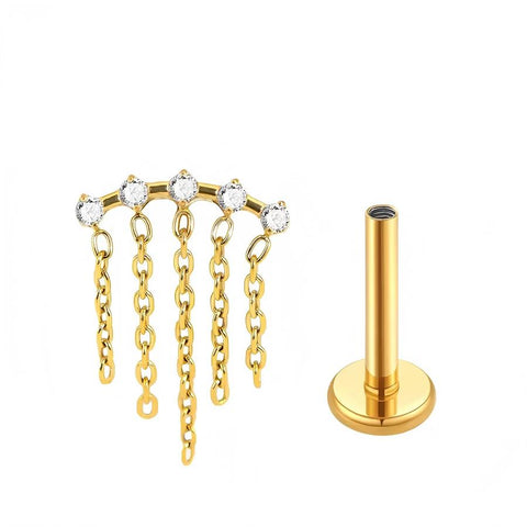 16G ASTM F136 Titanium 5 CZ Pendant Dangling Chain Labret Stud Internal Thread