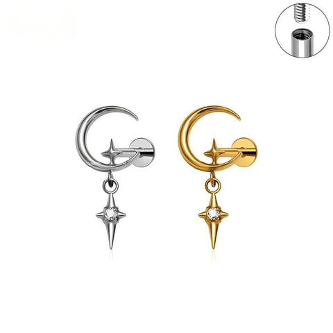 16G ASTM F136 Titanium Pendant Dangling Moon Star Chain Labret Stud Internal Thread 0227