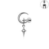 16G ASTM F136 Titanium Pendant Dangling Moon Star Chain Labret Stud Internal Thread