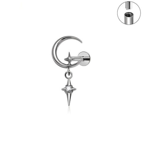 16G ASTM F136 Titanium Pendant Dangling Moon Star Chain Labret Stud Internal Thread