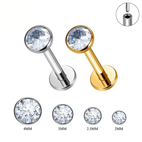 16G Labret Stud Threadless Internal Threaded Bezel Setting CZ