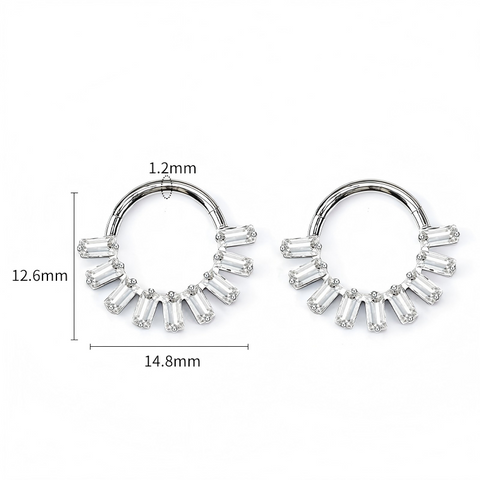 16G ASTM F136 Titanium 9 Rectangle CZ Hinged Segment Ring Septum Clicker Daith Ring