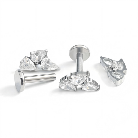 16G ASTM F136 Titanium 3 Waterdrop CZ Labret Stud Earring 0023