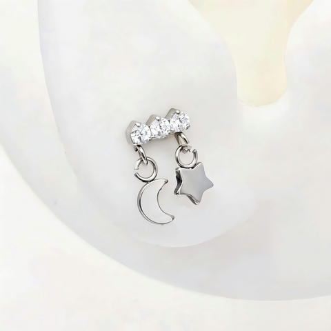 16G ASTM F136 Titanium 3CZ Pendant Dangle Moon Star Labret Stud Earring
