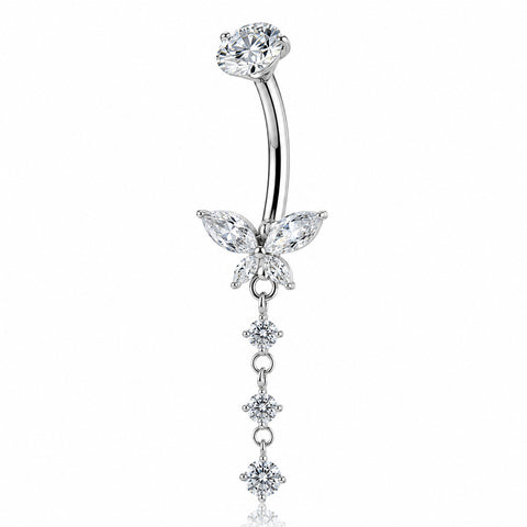 14G ASTM F136 Titanium Long Pendant Dangling Butterfly Belly Button Ring 0078